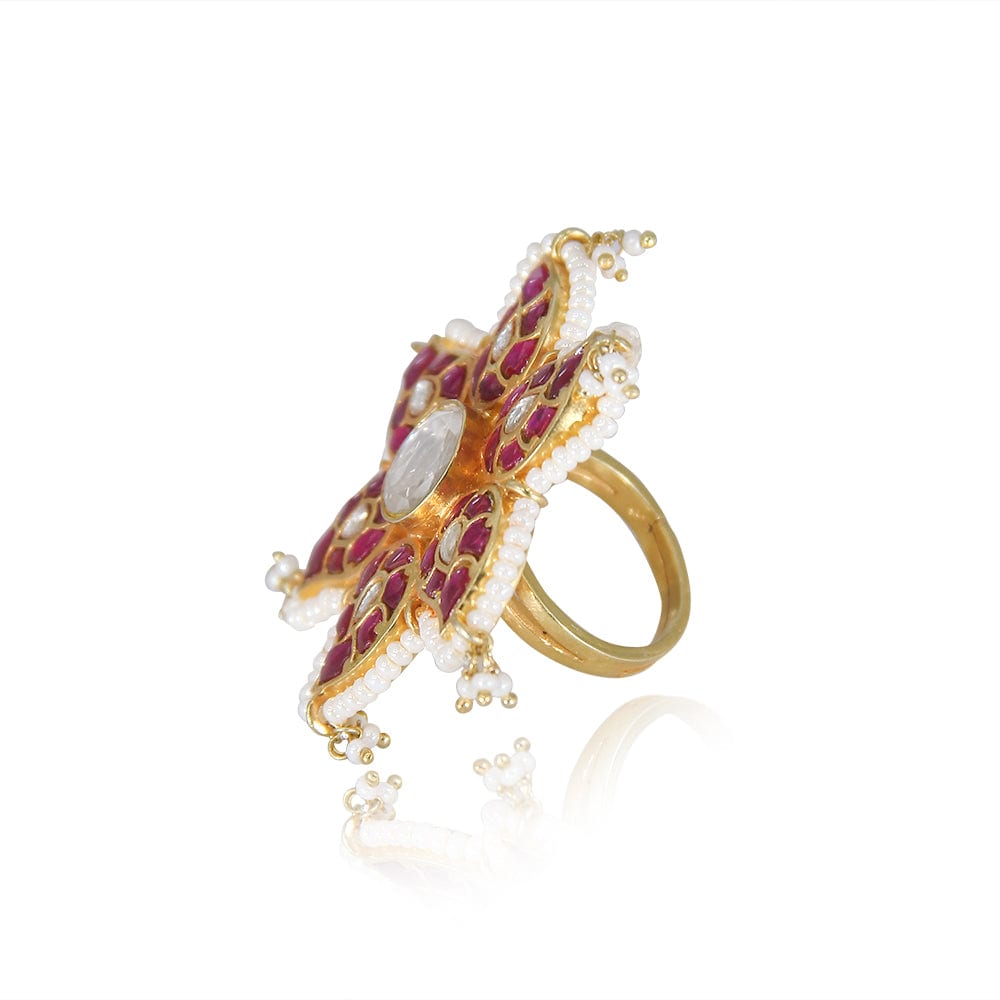 Centre Pearl Gold Plated Kundan Ring Rings - By Unniyarcha - Original Manufacturers of Silver Jewelry, Gold Plated Jewellery, Fashion Jewellery and Personalized Soul Bands and Personalized Jewelry