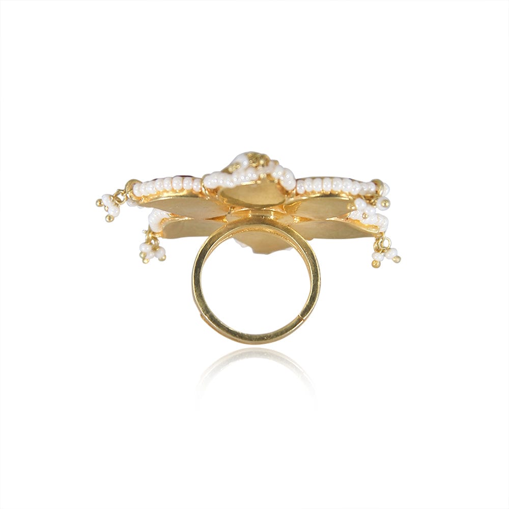 Centre Pearl Gold Plated Kundan Ring Rings - By Unniyarcha - Original Manufacturers of Silver Jewelry, Gold Plated Jewellery, Fashion Jewellery and Personalized Soul Bands and Personalized Jewelry