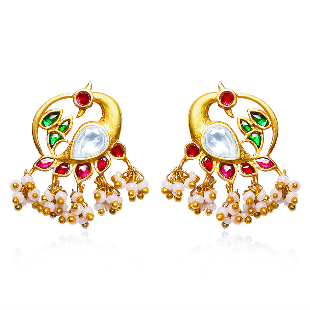 92.5 Sterling Silver Swan Motif Kundan Stud Earrings
