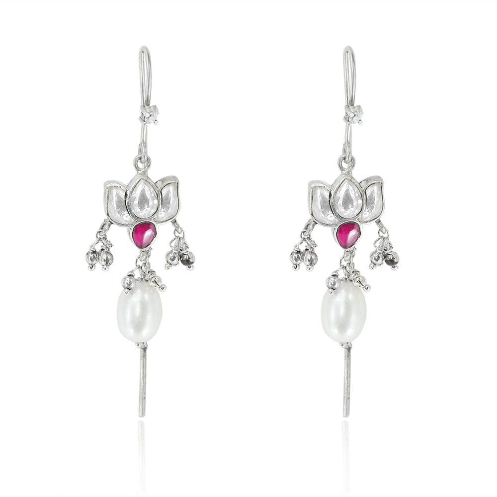 SILVER WHITE LOTUS SUI DHAGA EARRING