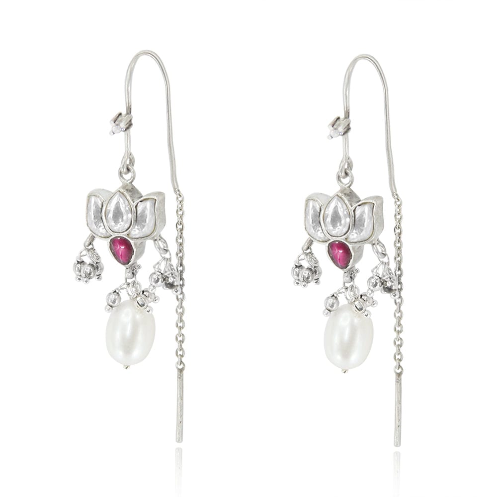 SILVER WHITE LOTUS SUI DHAGA EARRING