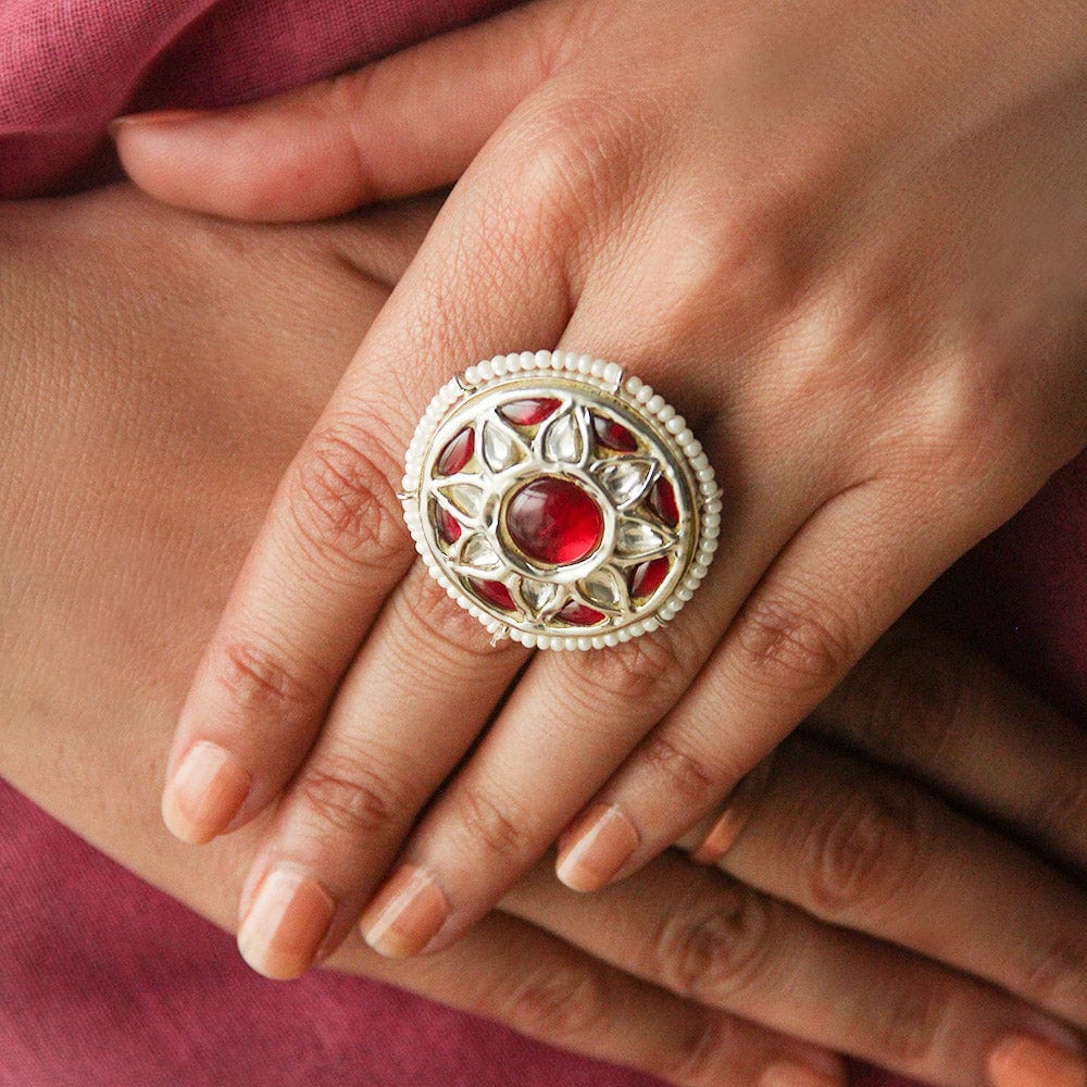 Silver 92.5 Thapa Jadau Ring - By Unniyarcha - Original Manufacturers of Silver Jewelry, Gold Plated Jewellery, Fashion Jewellery and Personalized Soul Bands and Personalized Jewelry