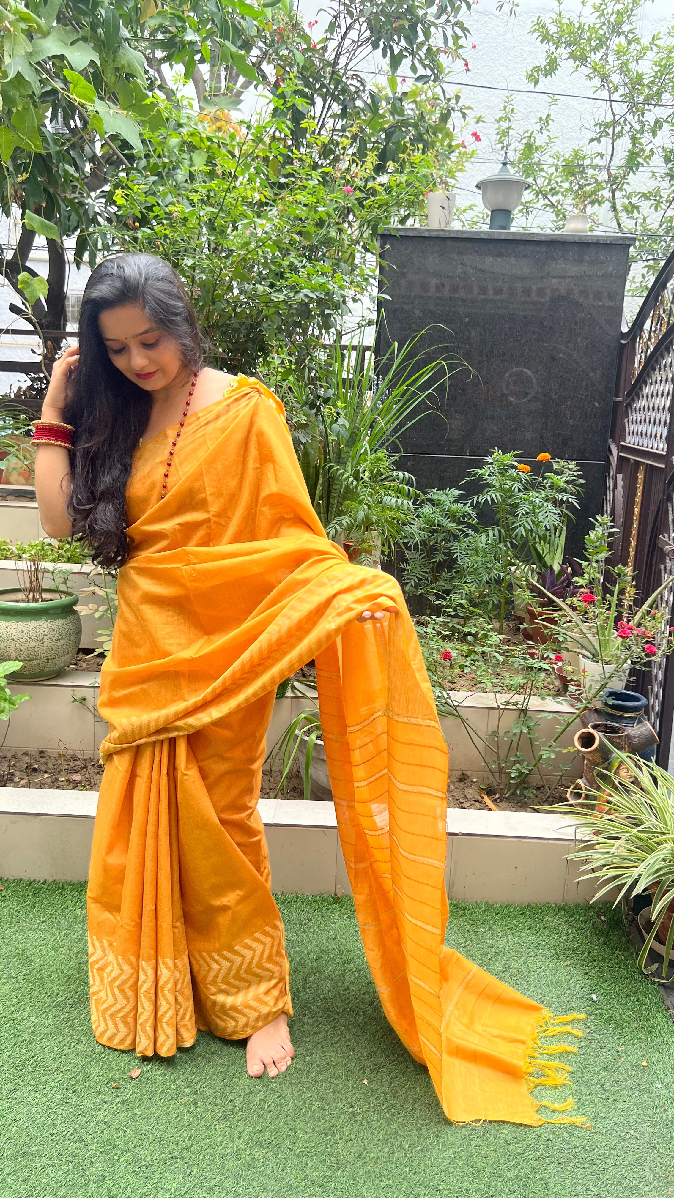 Chanderi Silk Mustard Yellow Saree with Running Blouse-Indiehaat