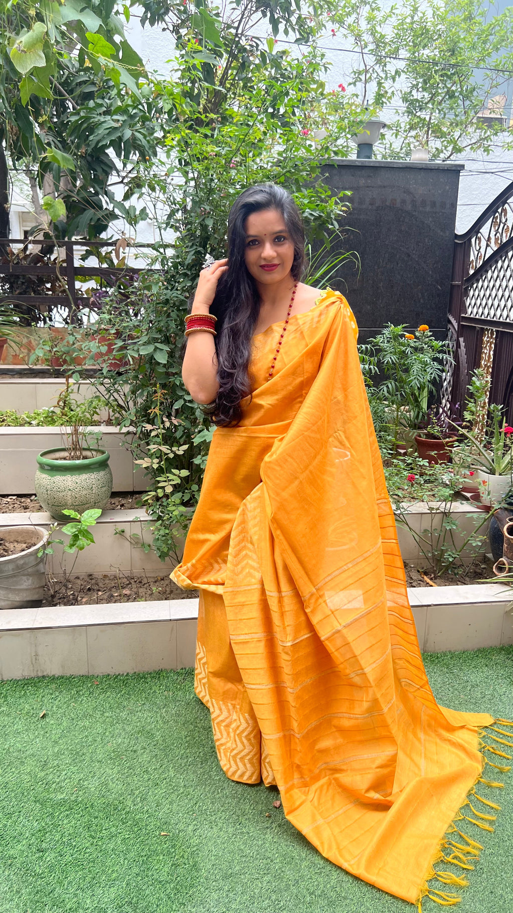 Chanderi Silk Mustard Yellow Saree with Running Blouse-Indiehaat