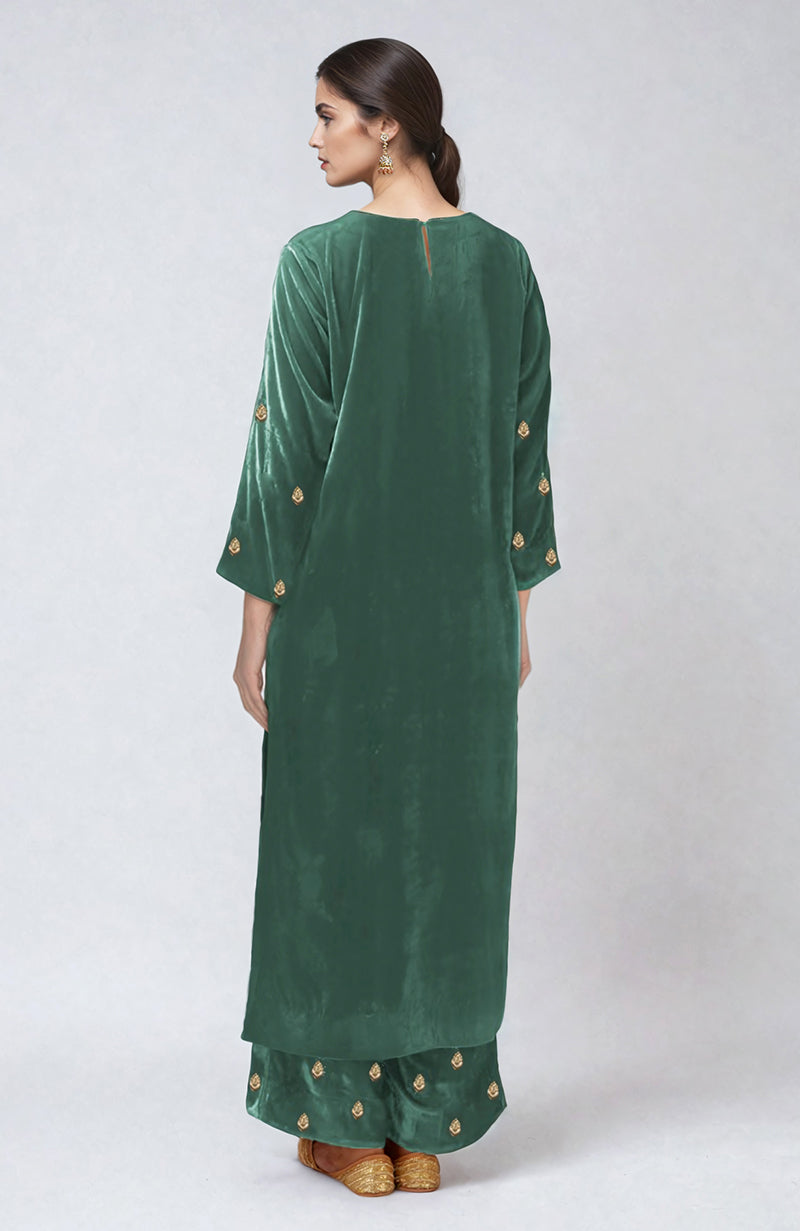 Jade green velvet kurta set with gold dabka zardozi embroidery.