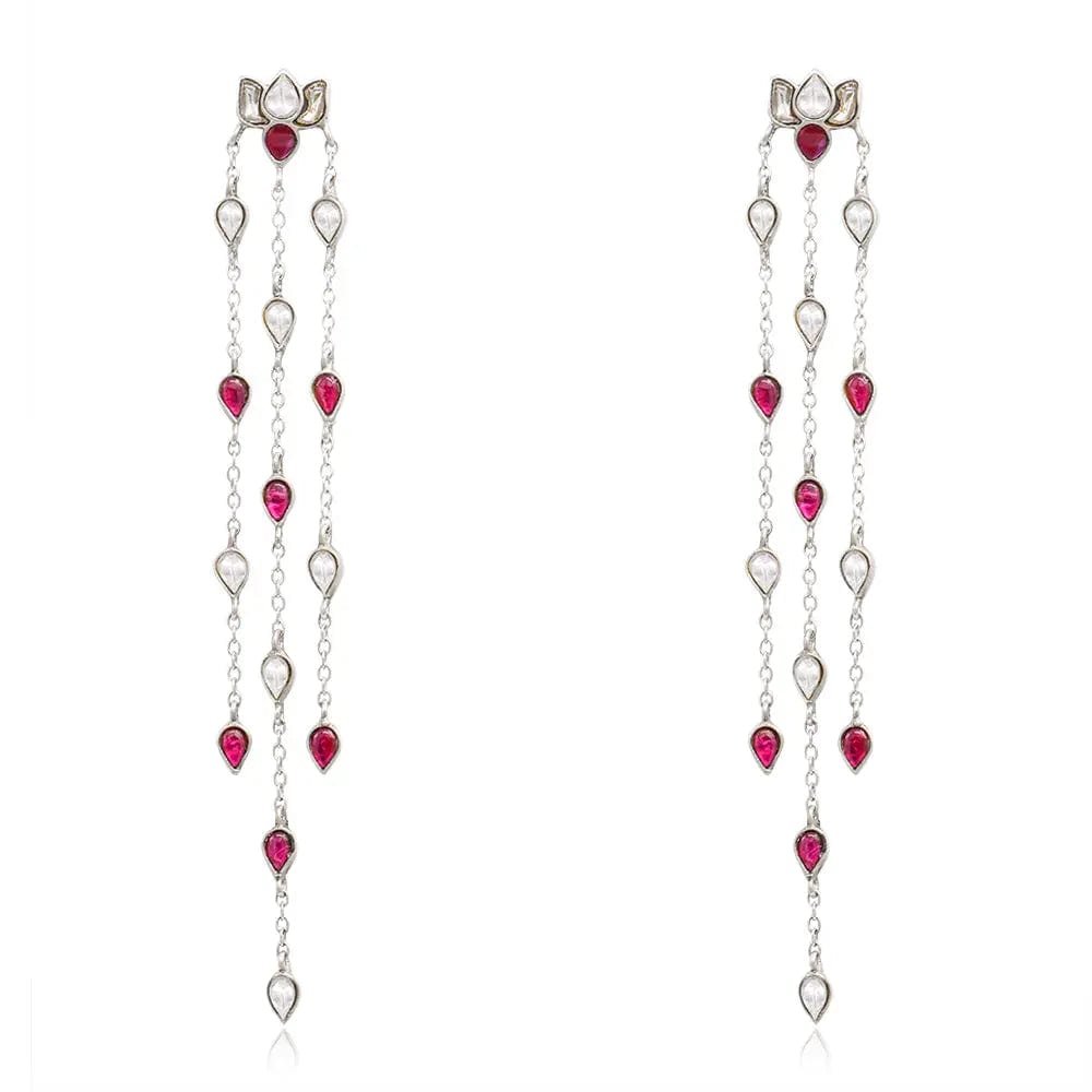 Long Silver 92.5 Kundan Lotus Danglers