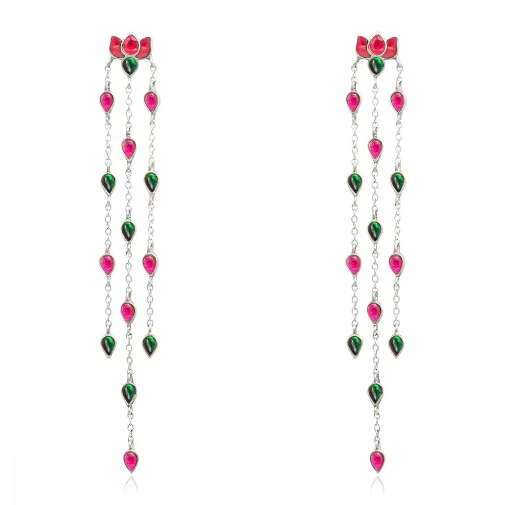 Long Silver 92.5 Kundan Lotus Danglers