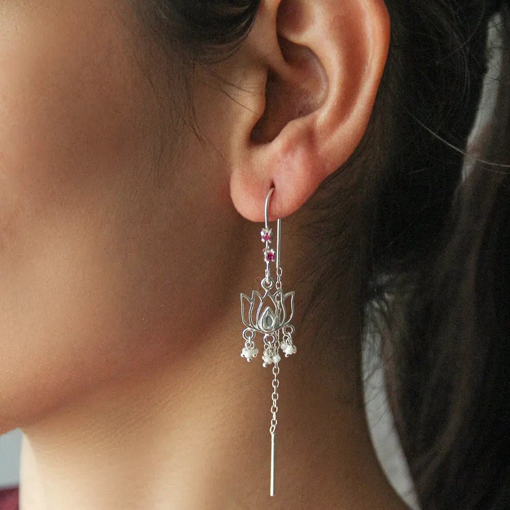 92.5 Sterling Silver Lotus Drop Sui Dhaga Earrings