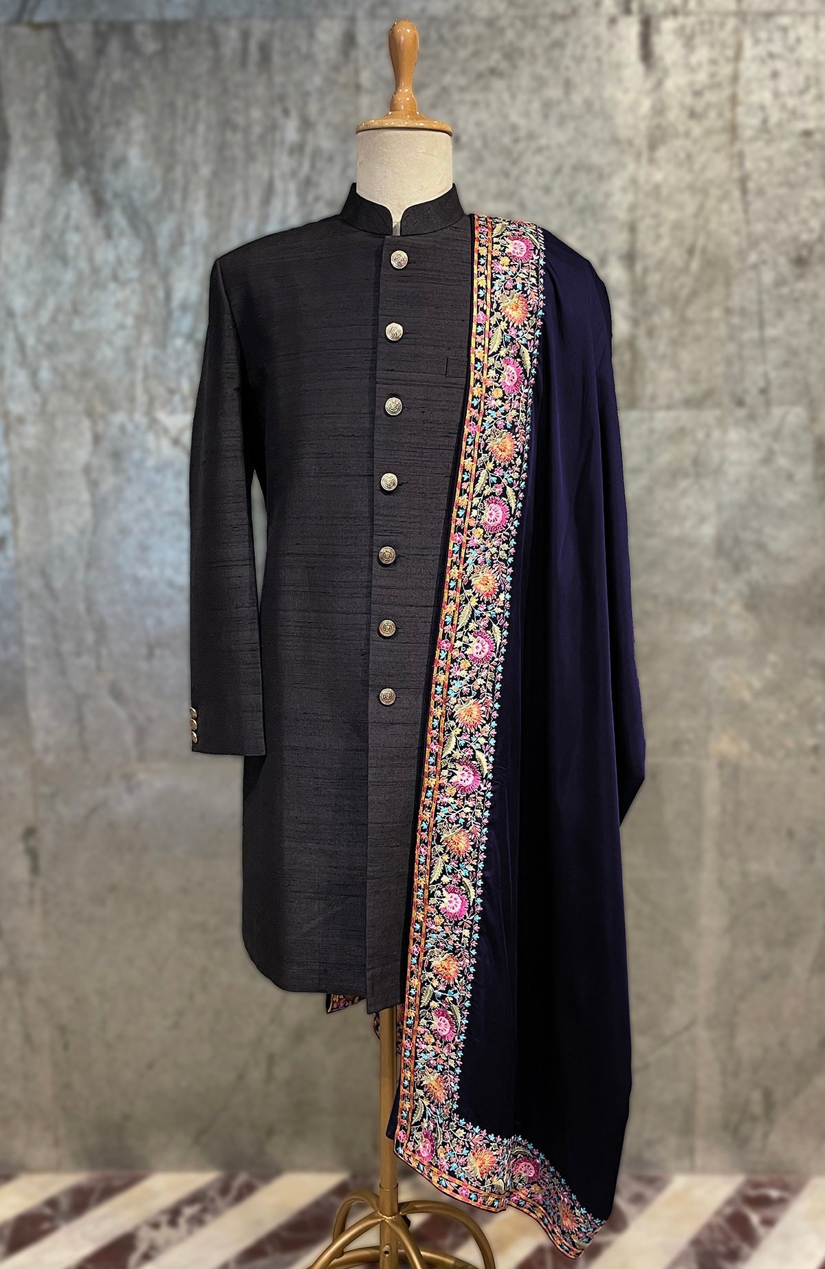 Black satin shawl with multicolor Kashidakari floral embroidery from Kashmir Valley
