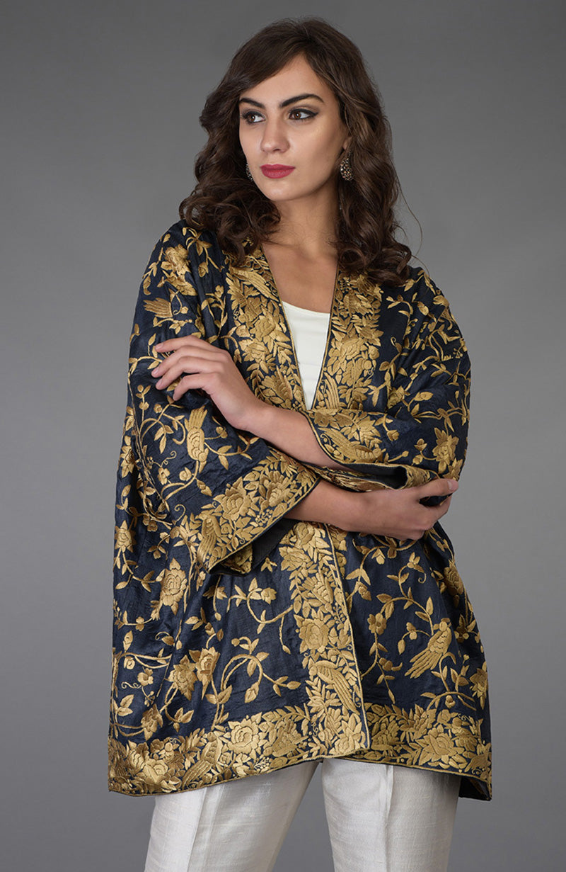 Charcoal blue Tussar silk kimono jacket with beige gold Parsi Gara bird and floral embroidery