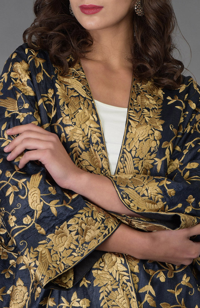 Charcoal blue Tussar silk kimono jacket with beige gold Parsi Gara bird and floral embroidery