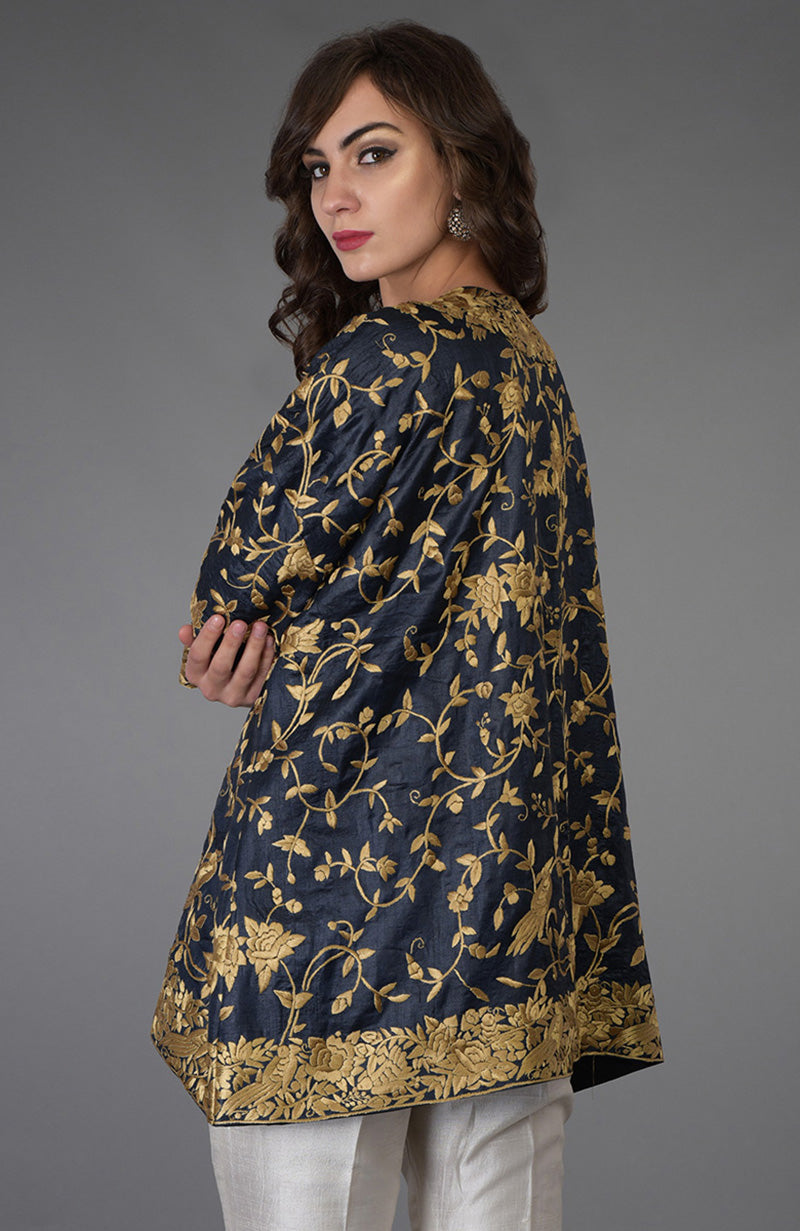 Charcoal blue Tussar silk kimono jacket with beige gold Parsi Gara bird and floral embroidery