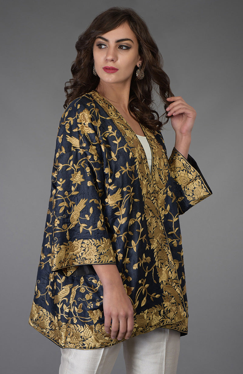 Charcoal blue Tussar silk kimono jacket with beige gold Parsi Gara bird and floral embroidery