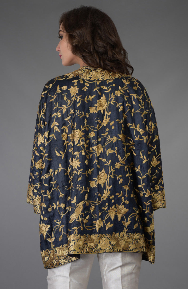Charcoal blue Tussar silk kimono jacket with beige gold Parsi Gara bird and floral embroidery