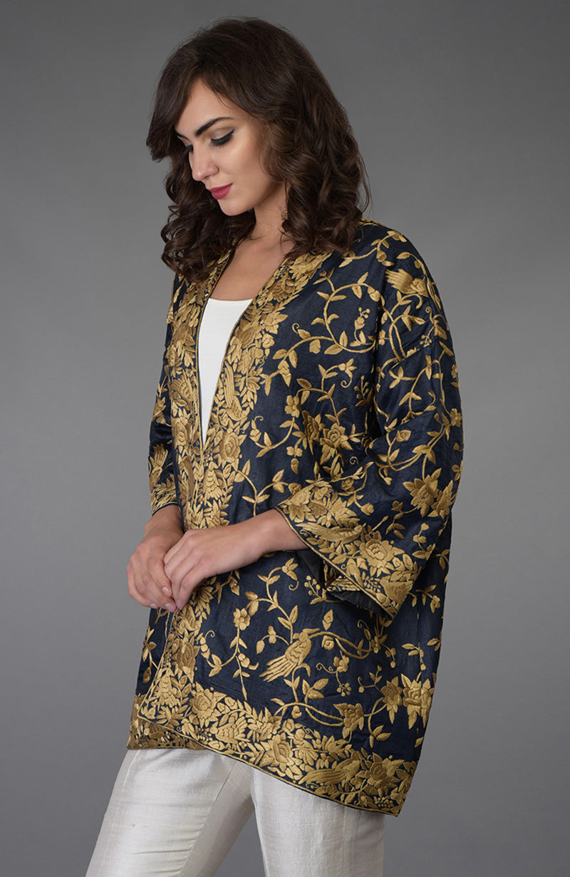 Charcoal blue Tussar silk kimono jacket with beige gold Parsi Gara bird and floral embroidery