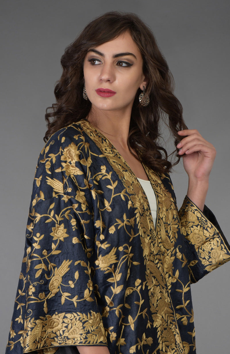 Charcoal blue Tussar silk kimono jacket with beige gold Parsi Gara bird and floral embroidery