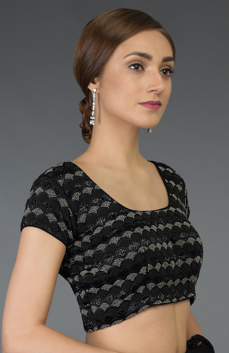 Black Zardozi and Beads Hand Embroidered Blouse with a U-shaped neckline.