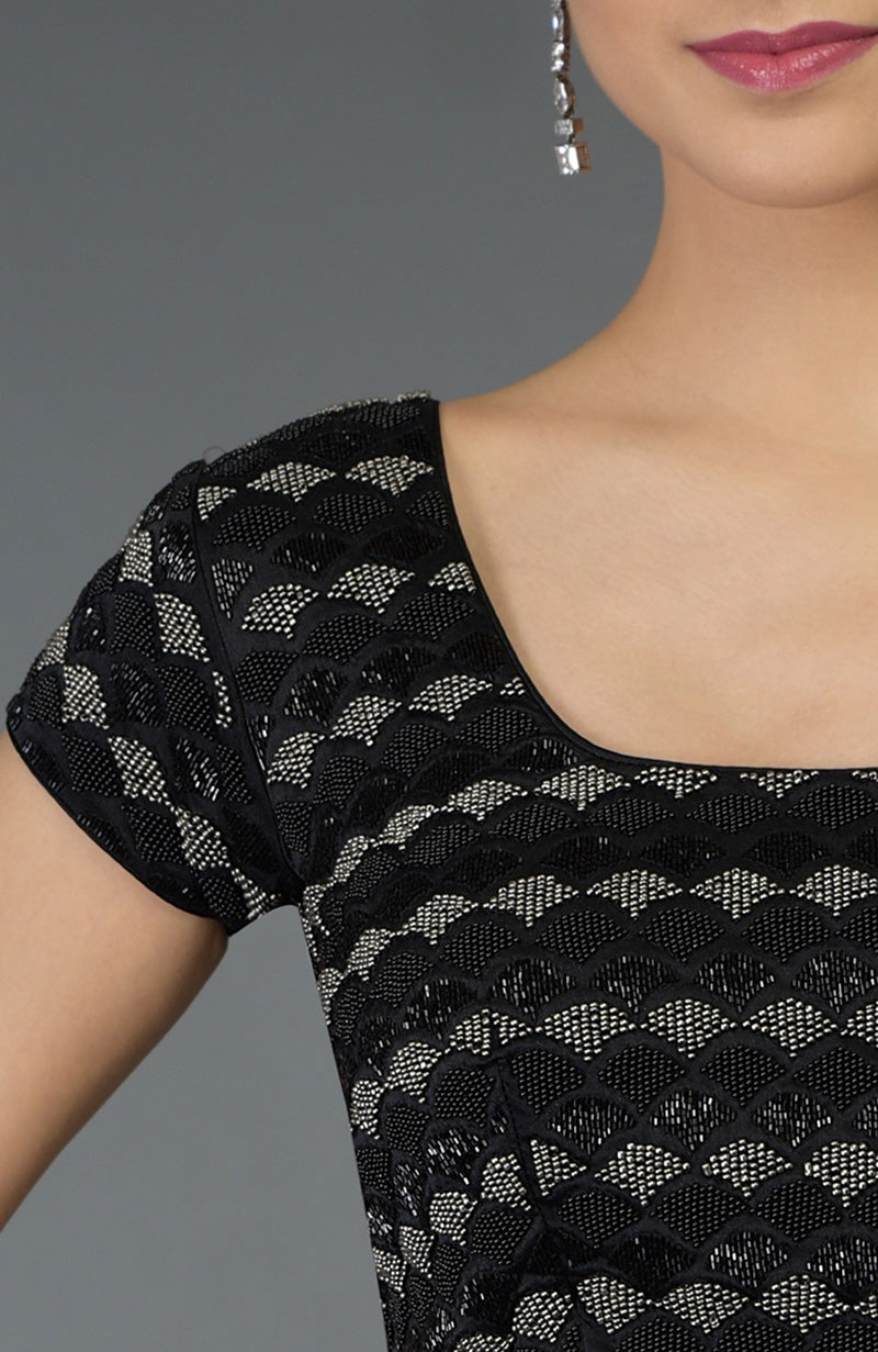 Black blouse with zardozi and beads hand embroidery in a scalloped pattern.