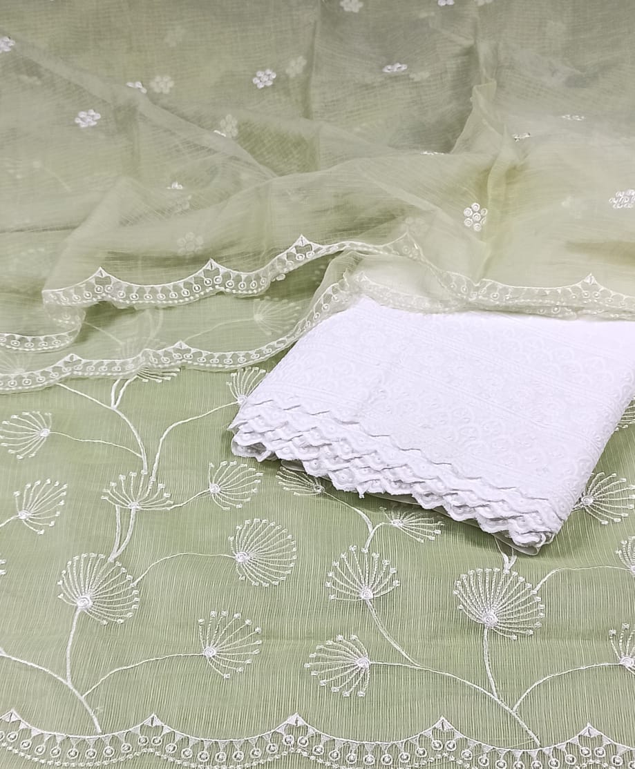 Kota Doria Embroidery Green Suit Material with Matching Dupatta and Chikenkari White Bottom-Indiehaat