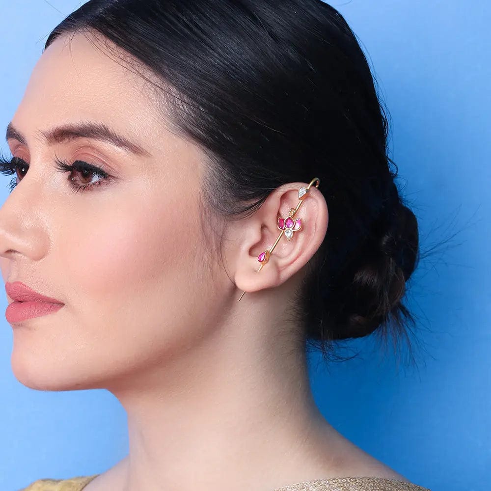 Needle Silver lotus Kundan Earcuff