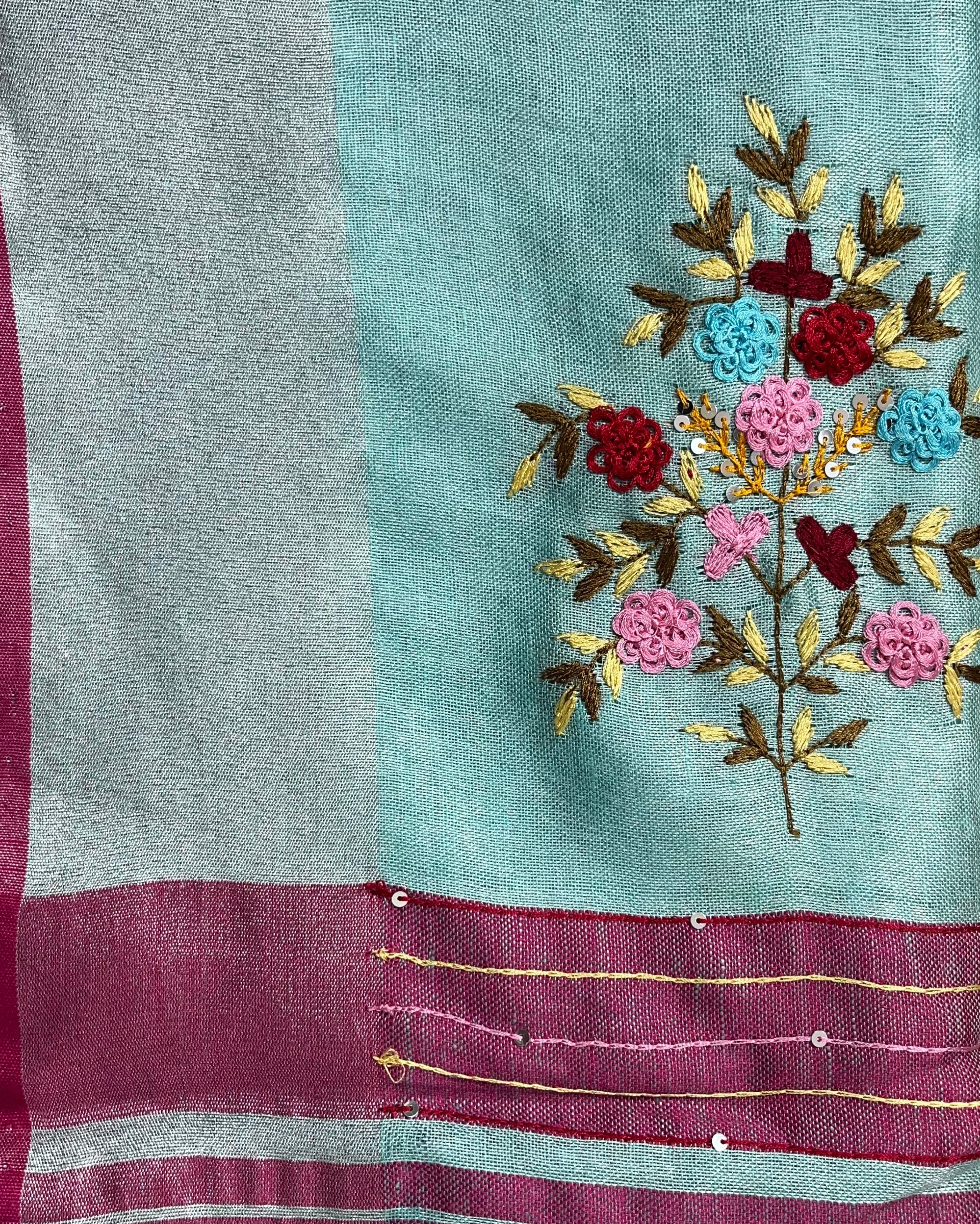 Oceanic Pure Linen Floral Embroidered Blue Saree