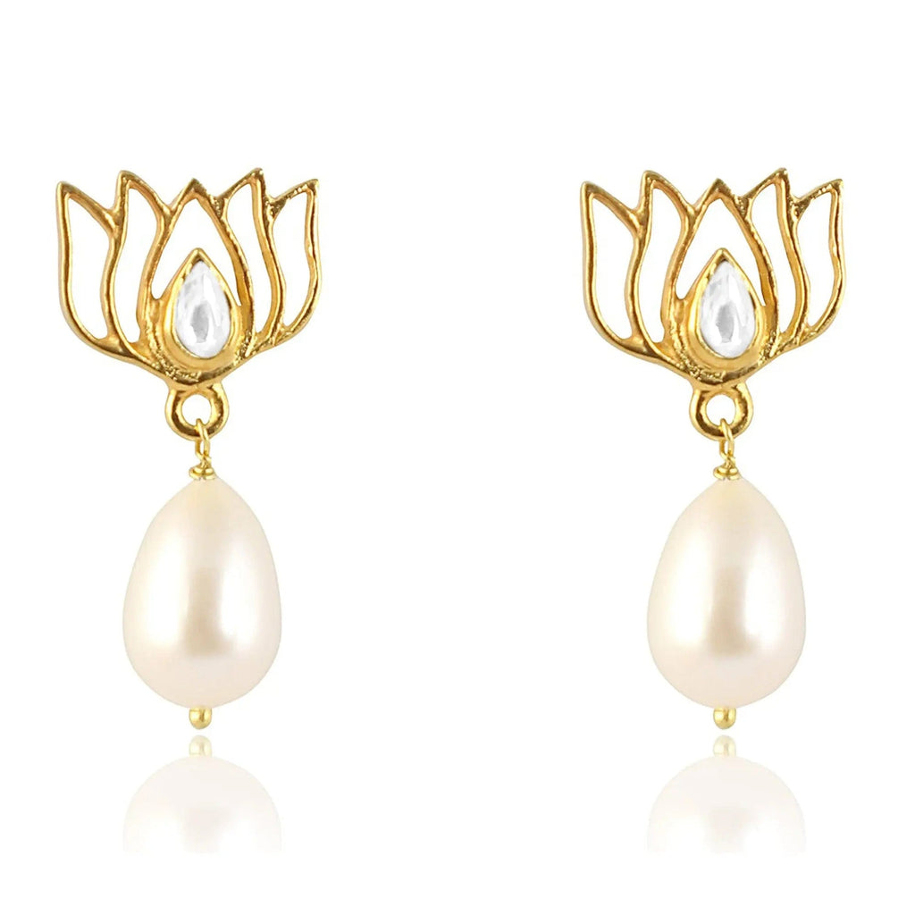 92.5 Sterling Silver Gold-Plated Pearl Drop Lotus Earrings