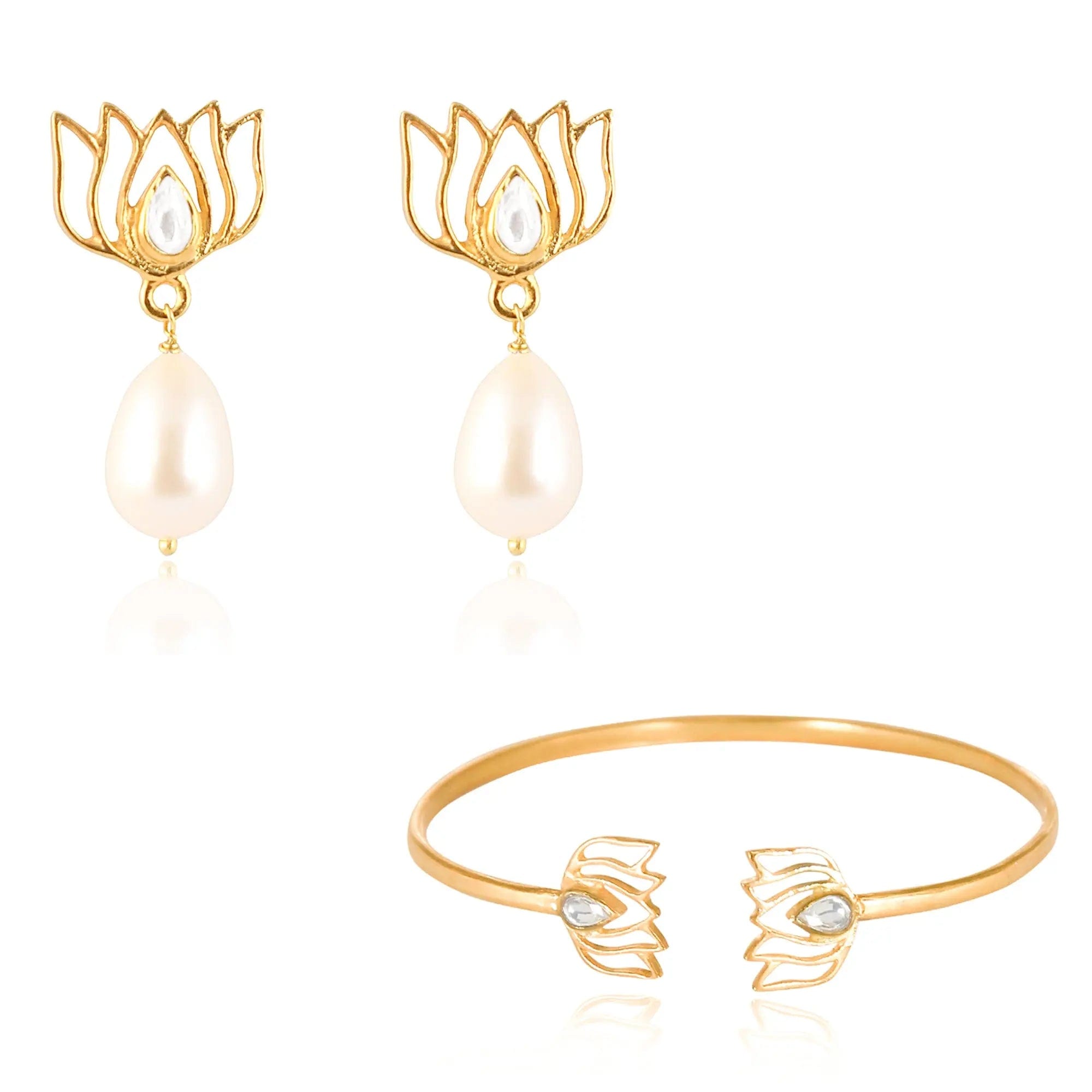 92.5 Sterling Silver Gold-Plated Pearl Drop Lotus Earrings