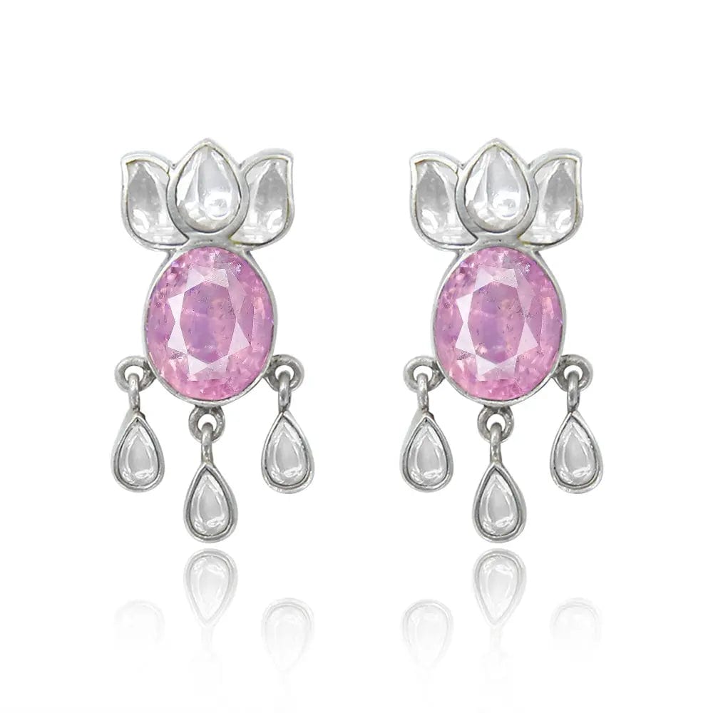 Pink Zircon With Polki Lotus Silver Earring