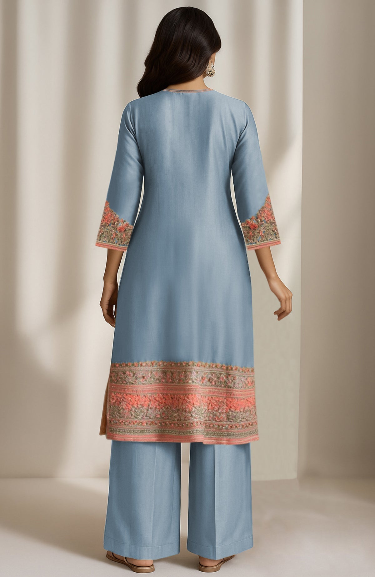 Powdered indigo kurta set with salmon peach and gold embroidery and sheer organza dupatta