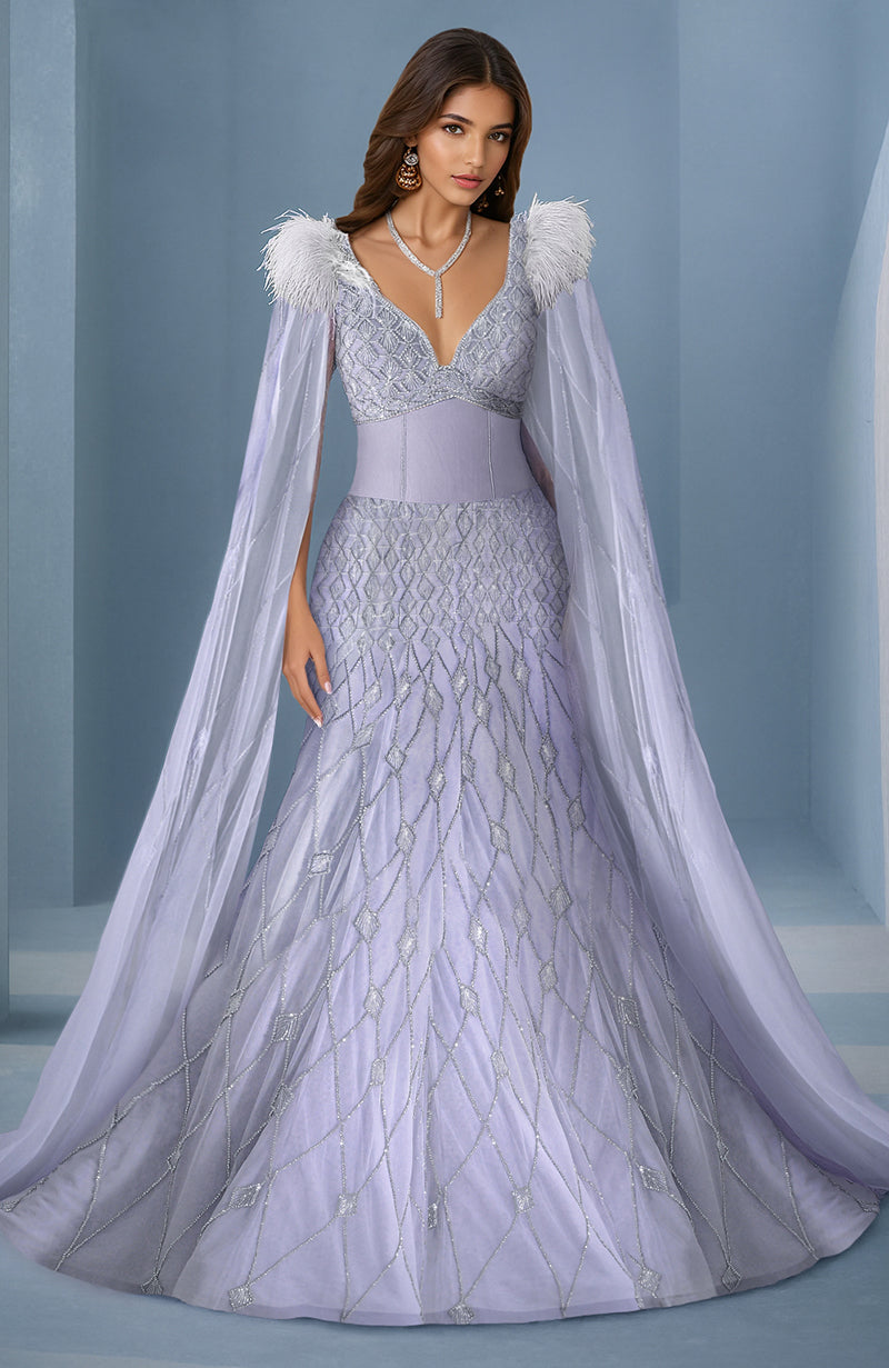 Lilac crystal princess gown with hand-embroidered sequins and sheer cape with feathered shoulders
