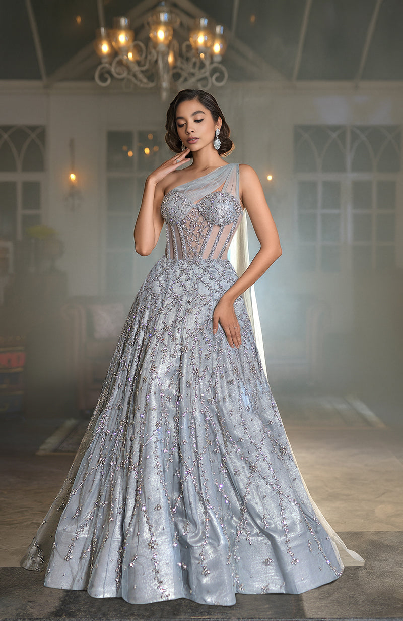 Silver grey corset princess gown with hand-embroidered crystals and asymmetrical tulle shoulder detail
