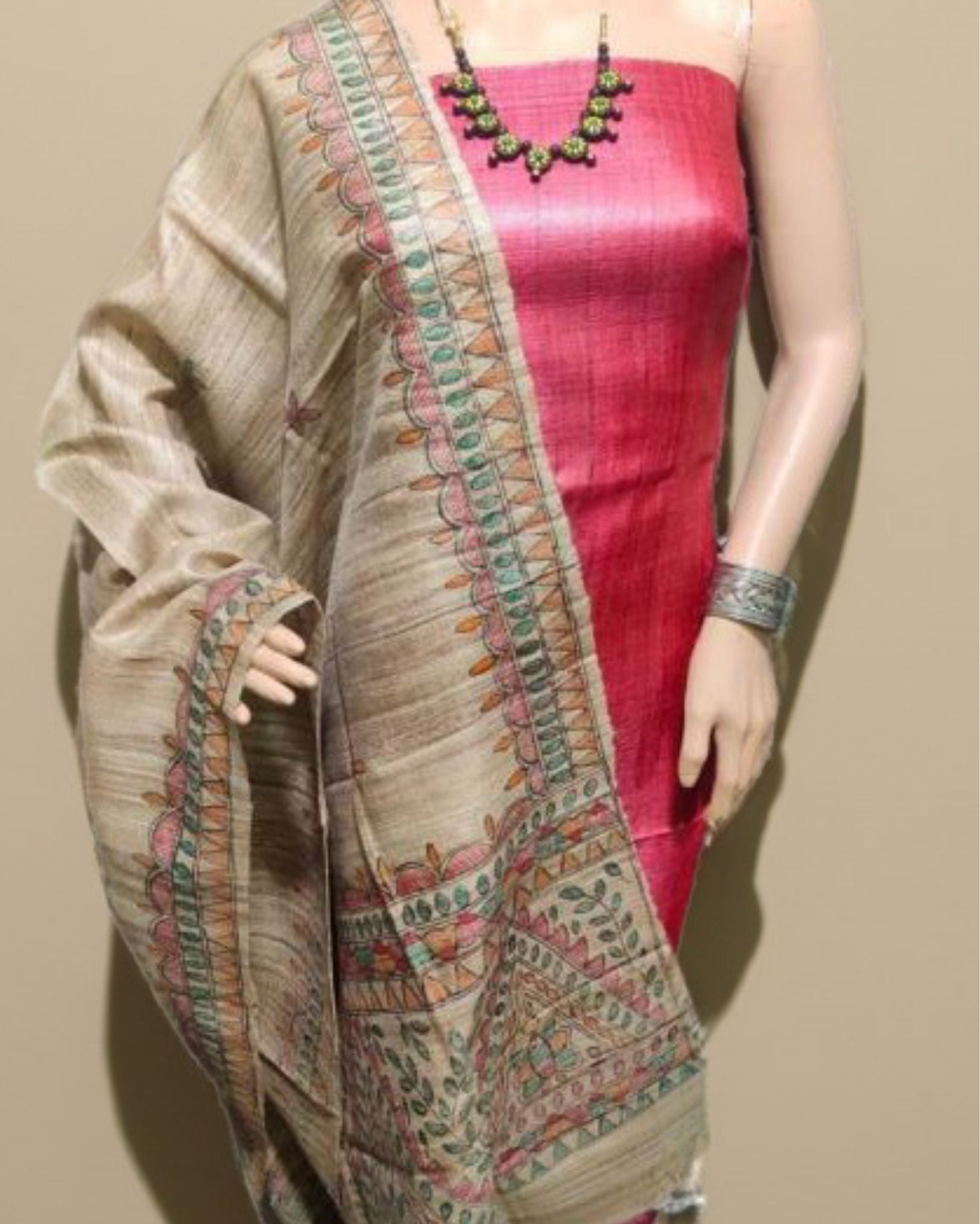 Silkmark Tussar Beige Madhubani Intricate Dupatta & Red Top