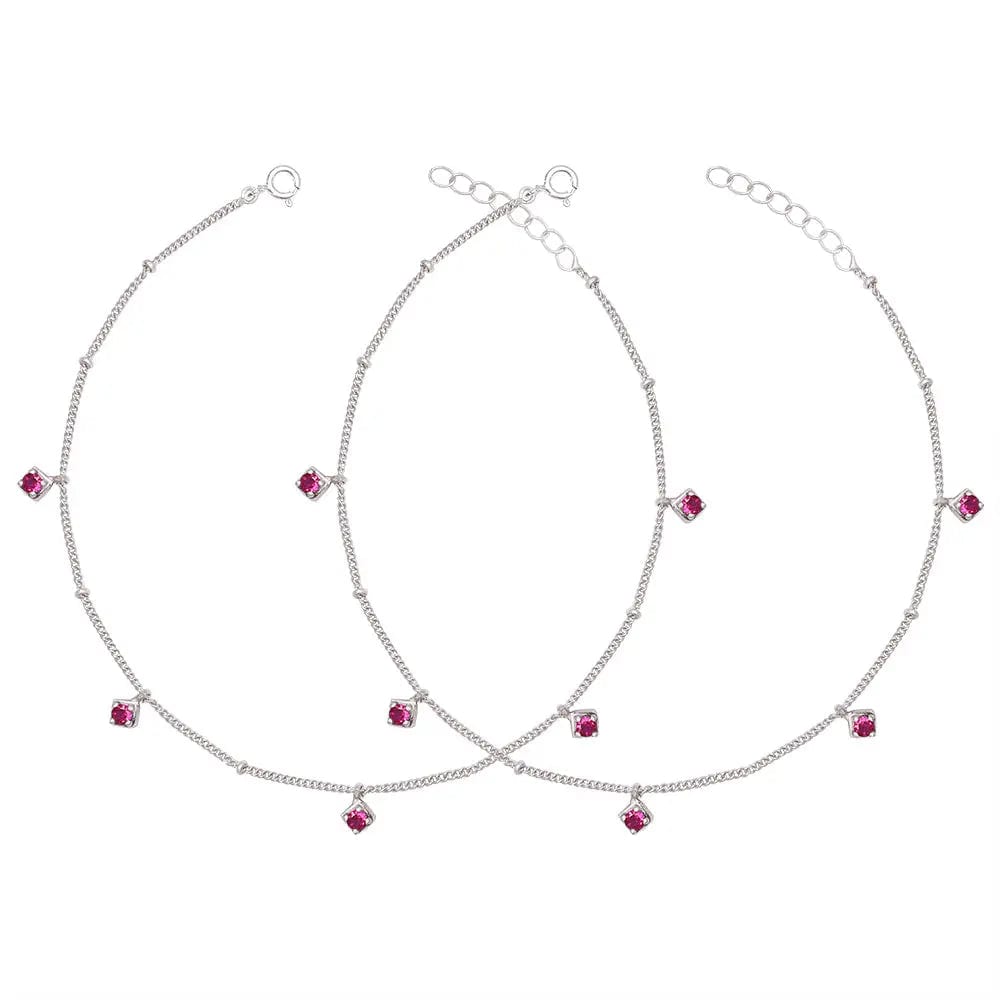 925 Sterling Silver Anklet Red Zircon