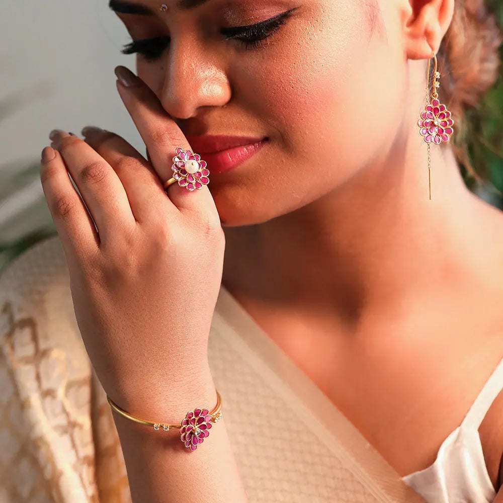 Secret Garden Blush jewelry set featuring floral-inspired 92.5 silver necklace and earrings with pastel enamel work