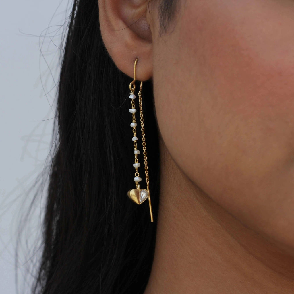 Silver Heart With Half Stone Chain Earring