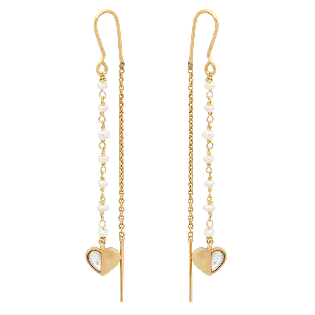 Silver Heart With Half Stone Chain Earring