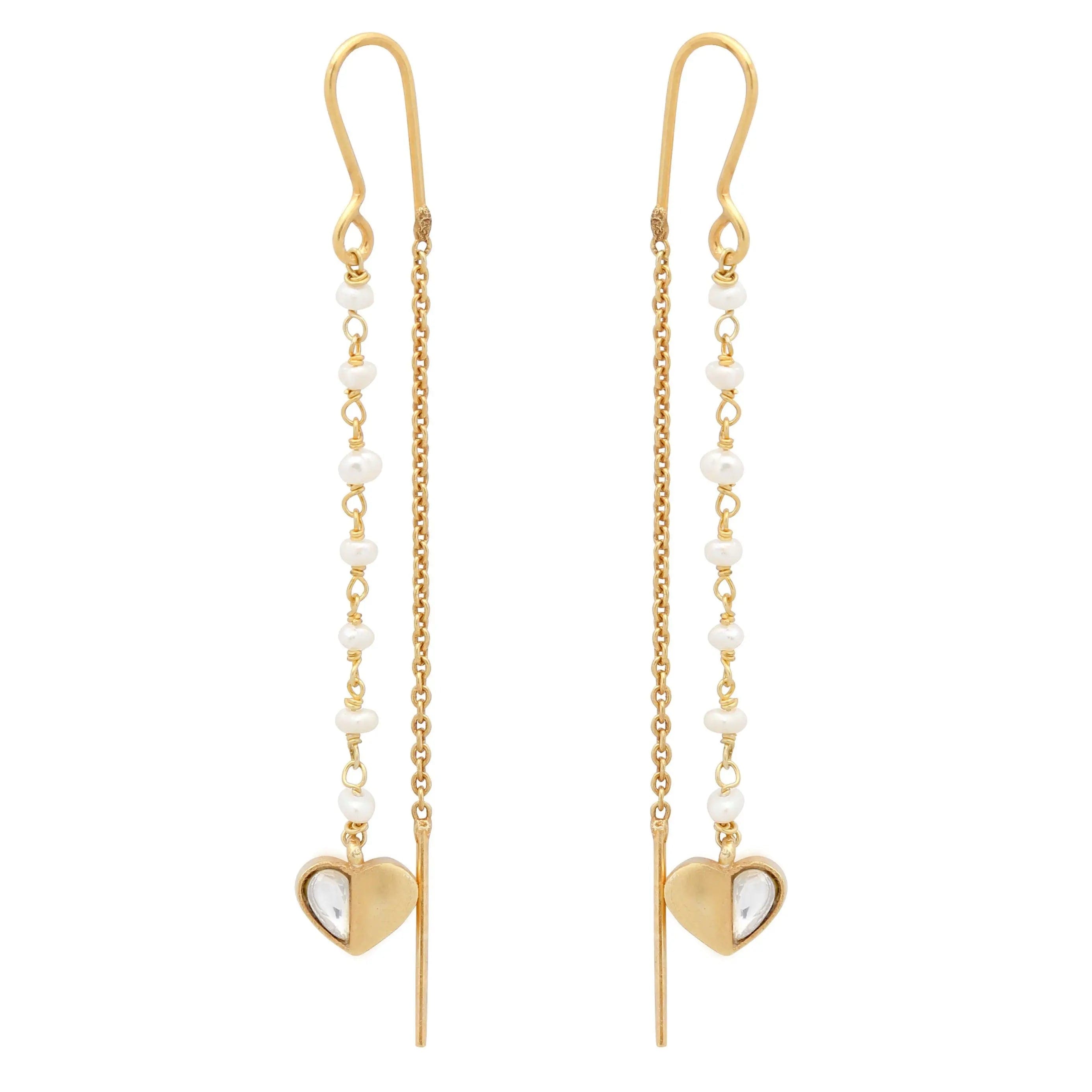 Silver Heart With Half Stone Chain Earring