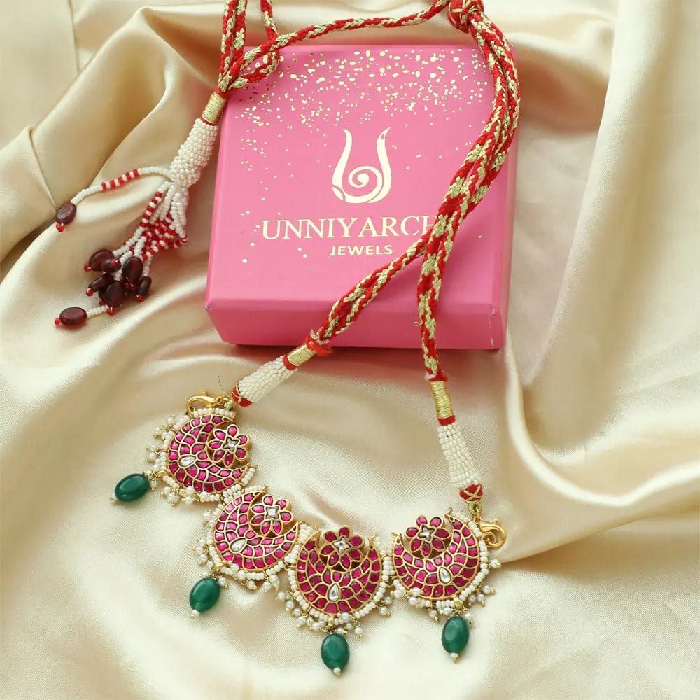 SILVER MAROON AND GREEN KUNDAN CHOKER NECKLACE