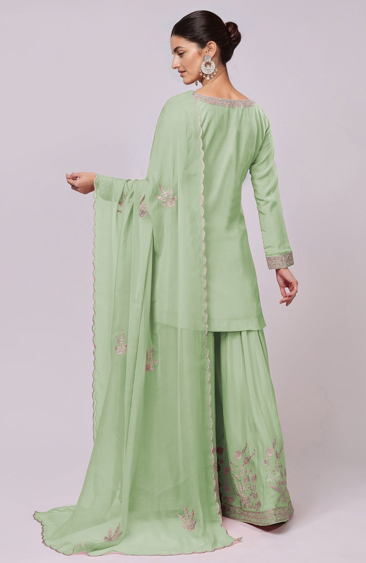 Sage green sharara set with Kashmiri Tilla Aari embroidery and scalloped dupatta.