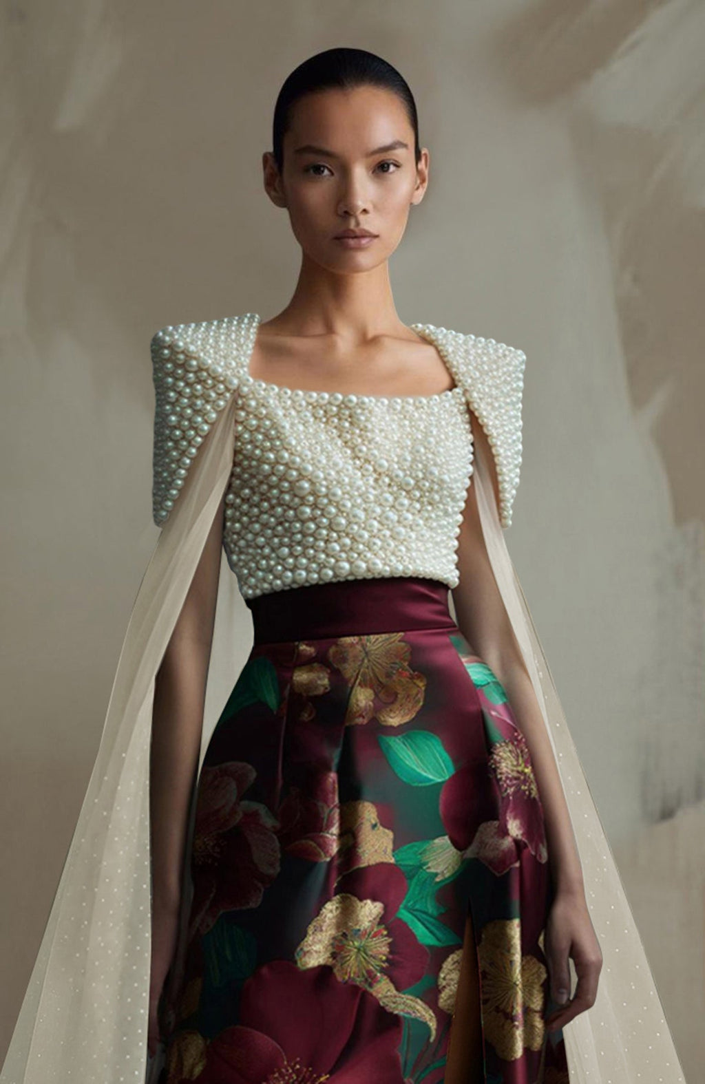 Crimson skirt set with pearl-embroidered top featuring floral print and structured shoulders.