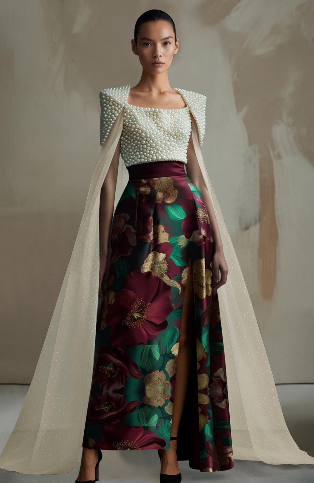 Crimson skirt set with pearl-embroidered top featuring square neckline and floral print skirt.