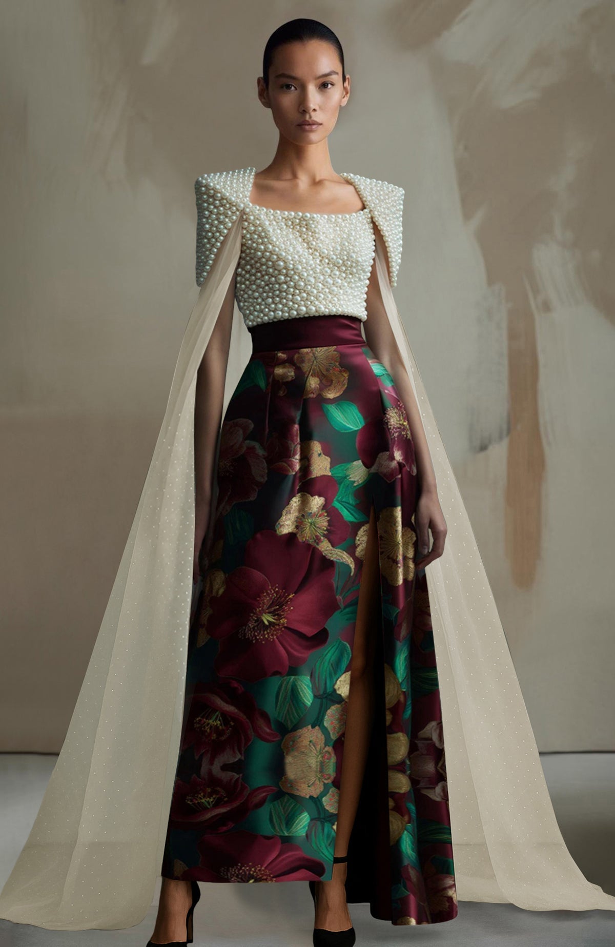 Crimson skirt set with pearl-embroidered top featuring square neckline and floral print skirt.