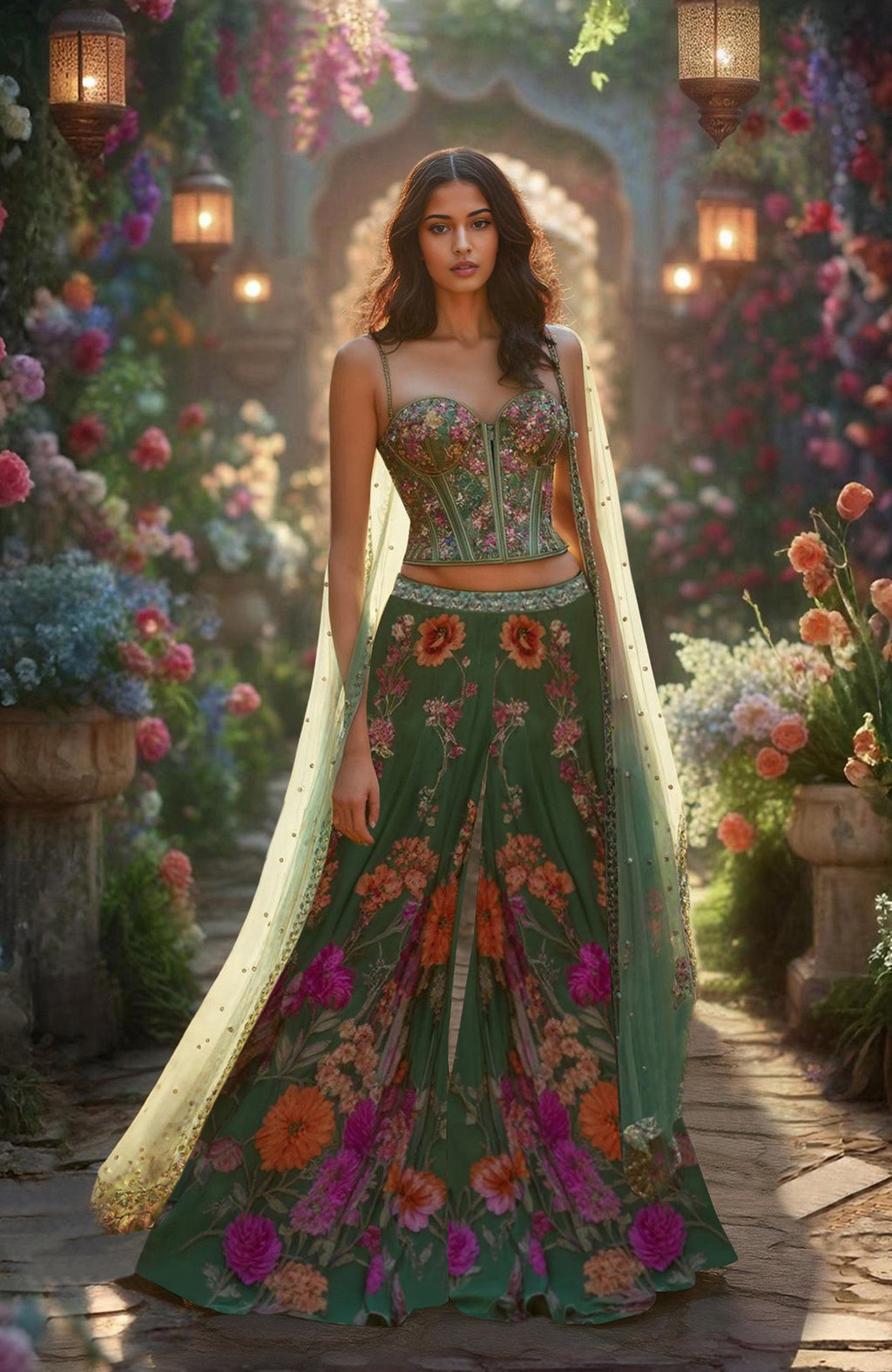 Forest green floral corset blouse with boning and matching sharara pants with sheer dupatta