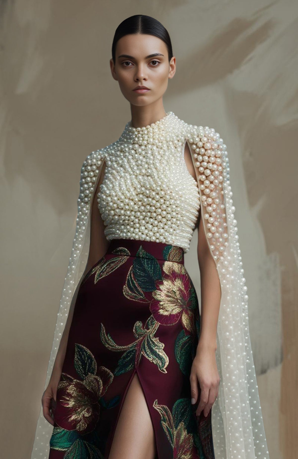 Sleeveless pearl-embroidered top with sheer panels paired with a burgundy floral slit skirt.