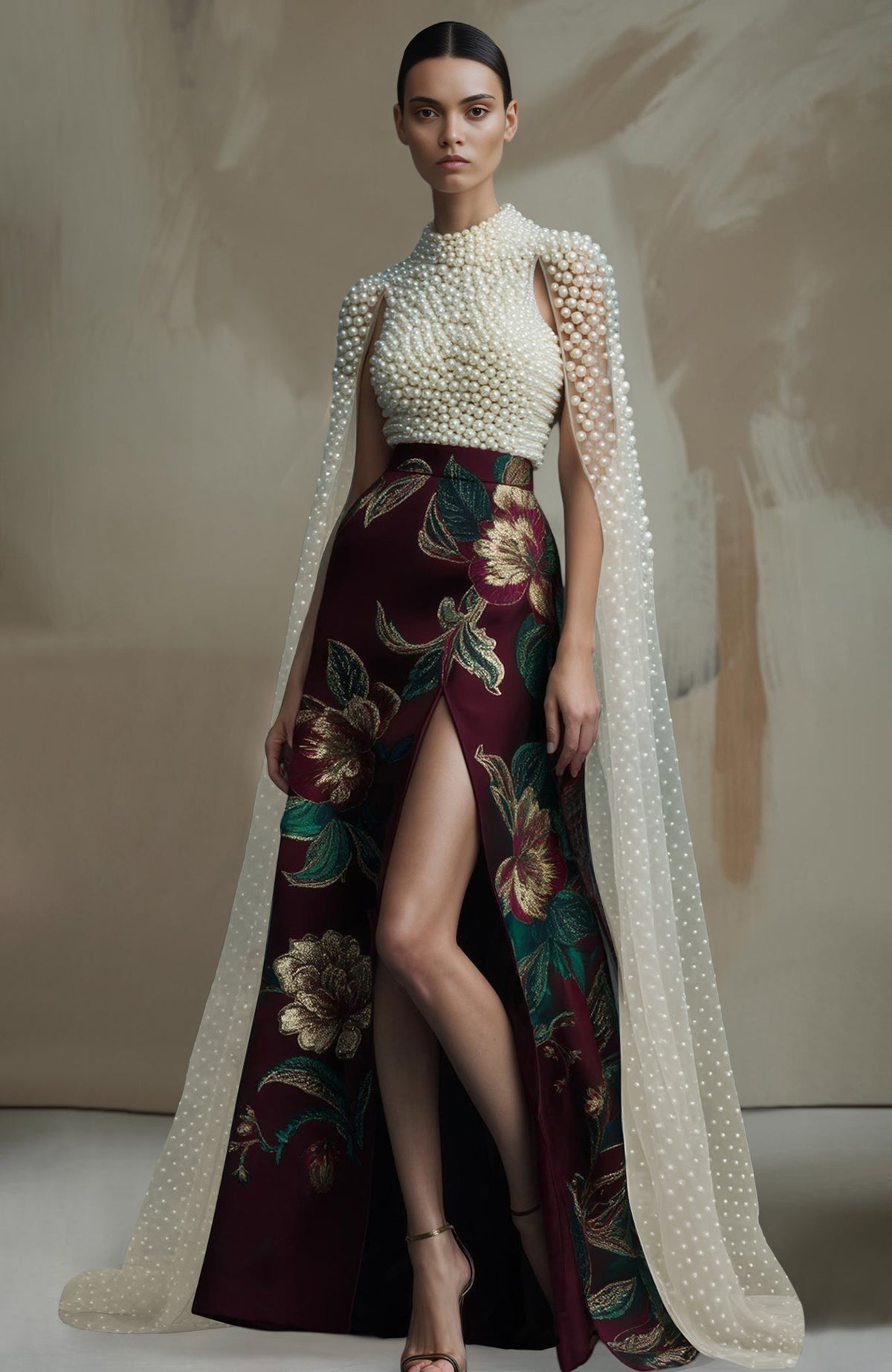 Sleeveless black top embroidered with ivory pearls paired with a burgundy floral high-slit skirt.