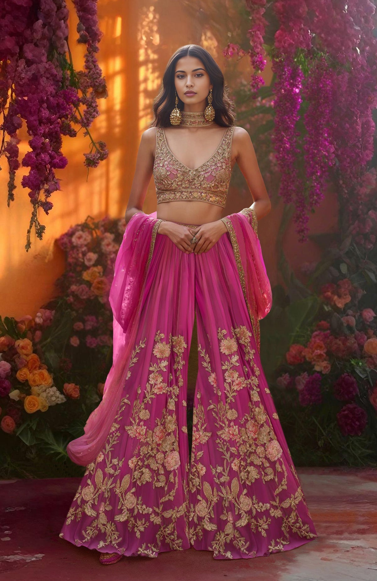 Fuchsia sharara set with gold floral embroidery, sleeveless blouse, and sheer dupatta with sequins.