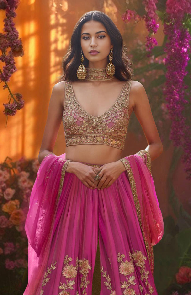 Fuchsia sharara set with gold floral embroidery, sleeveless blouse, and sheer dupatta with sequins.