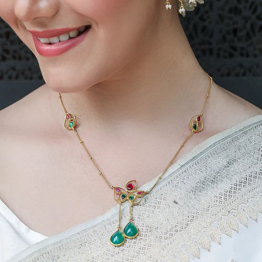 Silver 92.5 Aam Ras Pink & Green Necklace