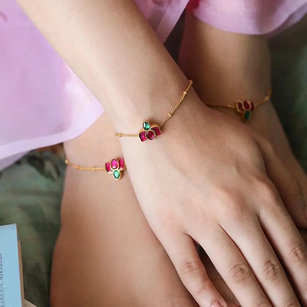 Silver 92.5 Kundan Lotus Anklet & Bracelet