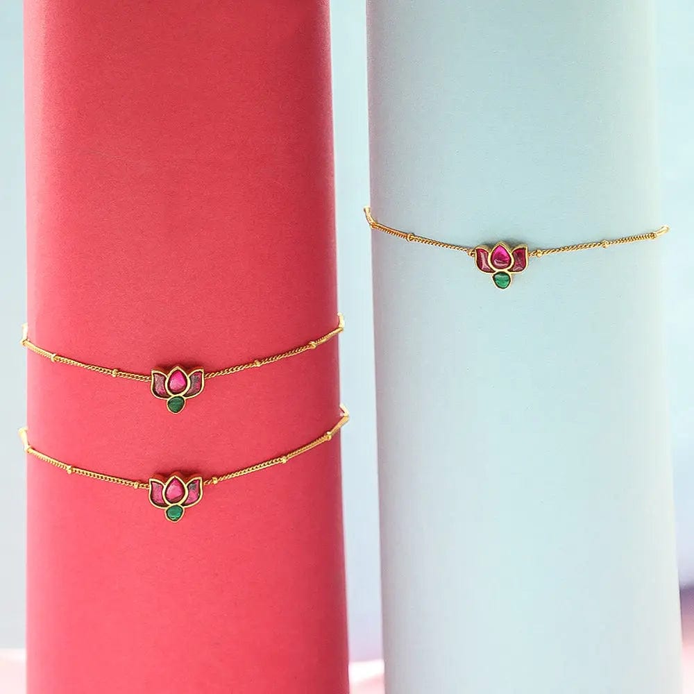 Silver 92.5 Kundan Lotus Anklet & Bracelet